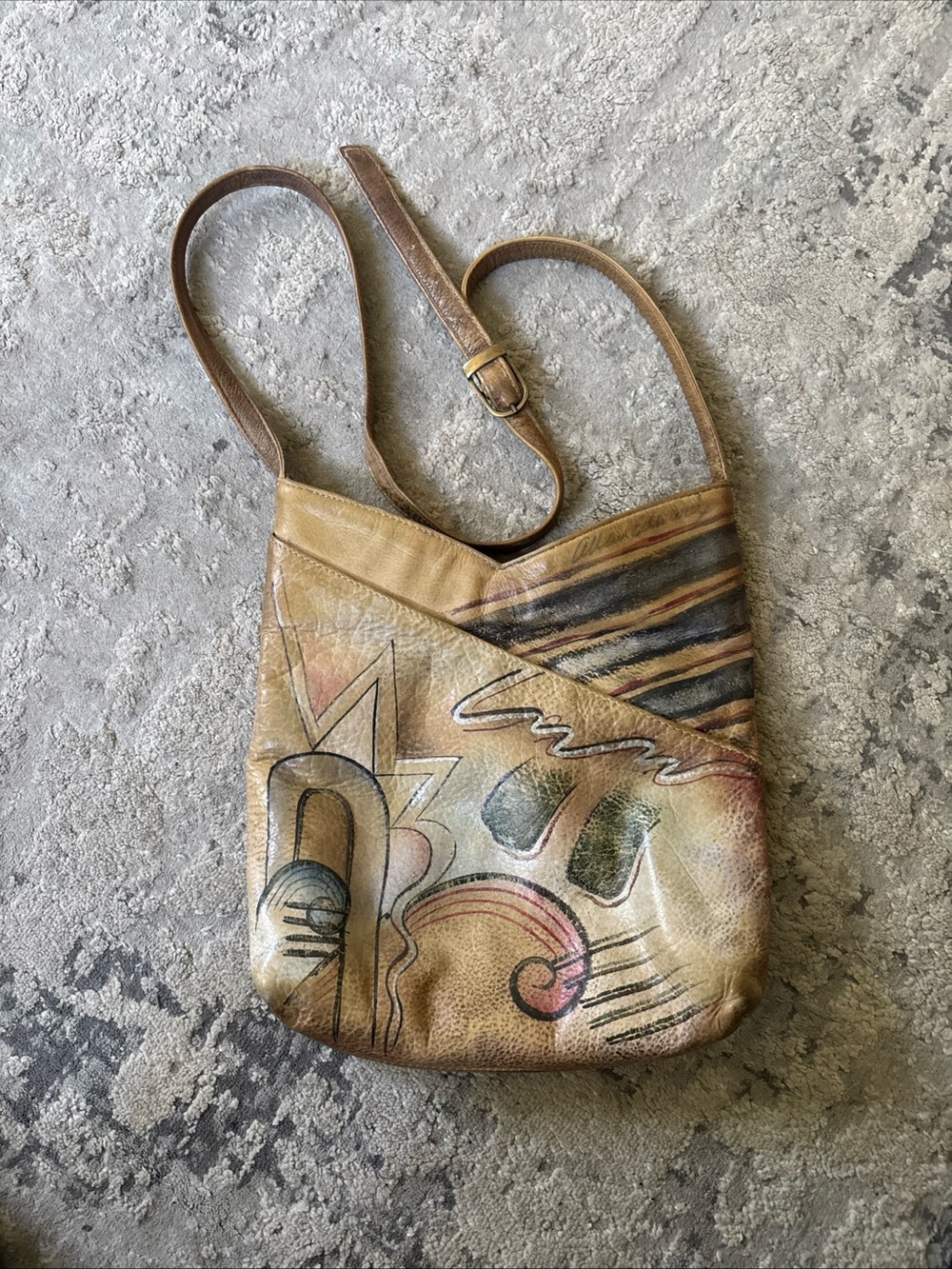 Allen Edward VTG Tan Leather Crossbody with Multicolor Abstract Painting